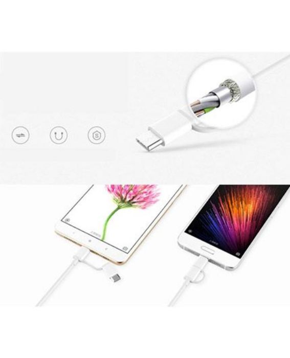 تصویر  کابل شارژ و انتقال اطلاعات یو اس بی به میکرو یو اس بی و تایپ سی 2 در 1 شیائومی برای گوشی‌های اندرویدی - 1 متر