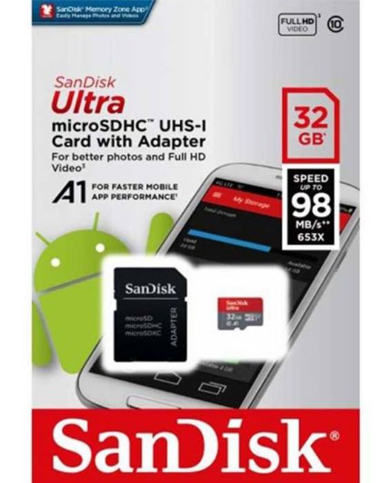 تصویر  کارت حافظه سن دیسک میکرو اس دی اچ سی 32 گیگابایت مدل Ultra A1 کلاس 10 با سرعت 98 مگابایت در ثانیه به همراه آداپتور تبدیل
