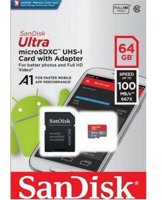 تصویر  کارت حافظه سن دیسک میکرو اس دی ایکس سی 64 گیگابایت مدل Ultra A1 کلاس 10 با سرعت 100 مگابایت در ثانیه به همراه آداپتور تبدیل