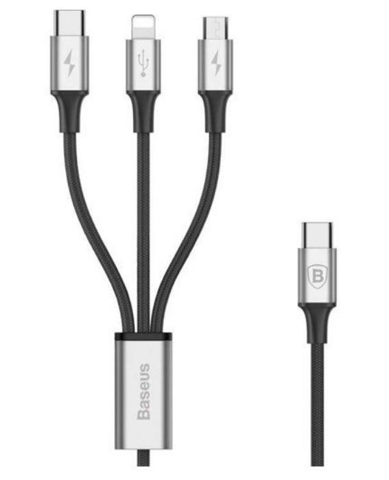 تصویر  کابل 1.2 متری شارژ و انتقال اطلاعات 3 در 1 تایپ سی به میکرو یو اس بی، لایتنینگ و تایپ سی باسئوس برای آیفون، آیپد و گوشی‌های اندرویدی مدل Rapid