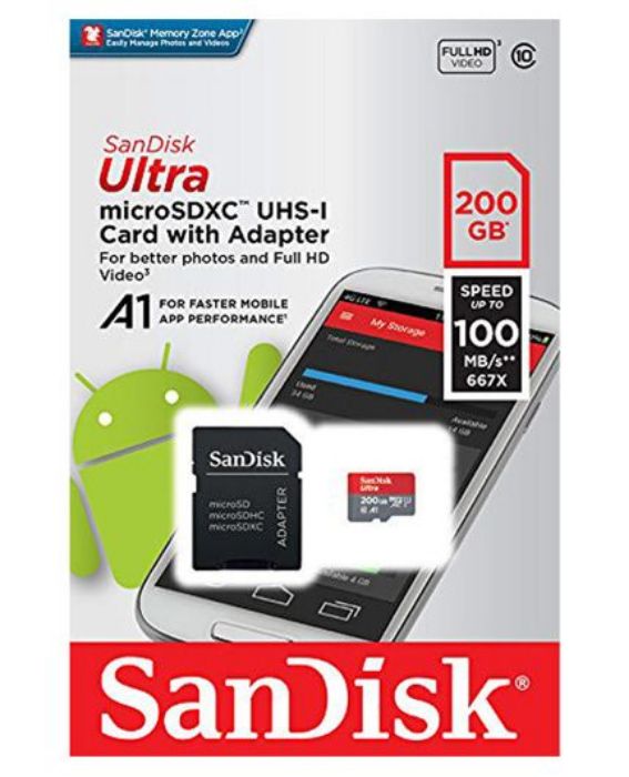 تصویر  کارت حافظه سن دیسک میکرو اس دی ایکس سی 200 گیگابایت مدل Ultra A1 کلاس 10 با سرعت 100 مگابایت در ثانیه به همراه آداپتور تبدیل