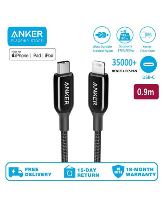 تصویر  کابل شارژ و انتقال اطلاعات یو اس بی تایپ سی به لایتنینگ انکر مدل A8842 Powerline+ III