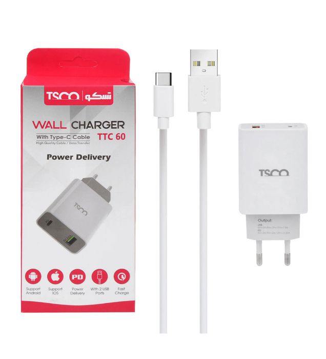 تصویر  شارژر دیواری تسکو مدل TTC 60 با کابل USB Type-C (دو پورت)