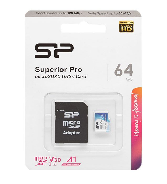 تصویر  کارت حافظه 64 گیگابایت سیلیکون پاور سوپریور پرو microSDXC کلاس 10 با سرعت 100 مگابایت در ثانیه به همراه آداپتور تبدیل