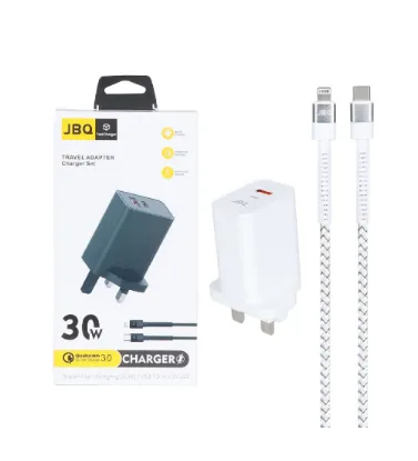 تصویر  شارژر دیواری جی بی کیو 30 وات مدل HC-30w با کابل شارژ آیفون (دو پورت)