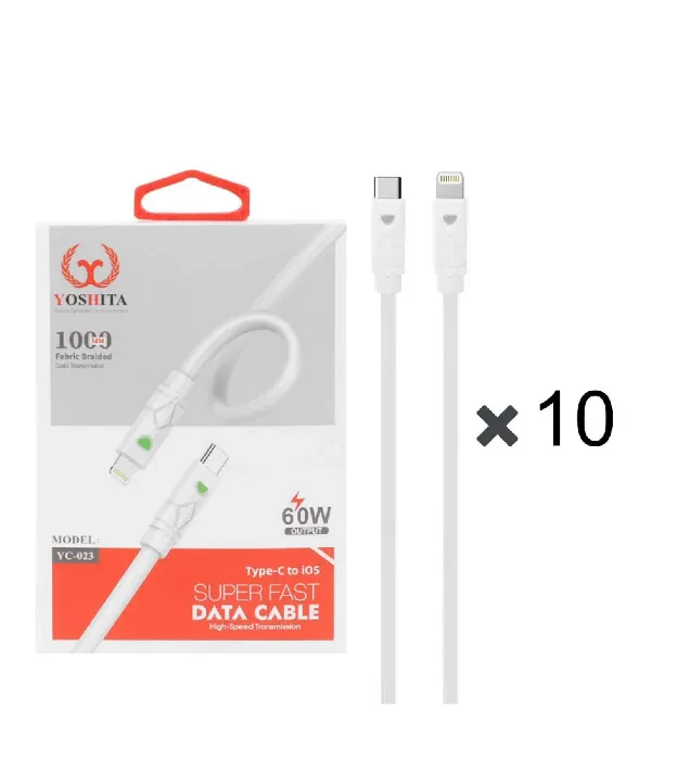 تصویر  پک 10 عددی کابل شارژ فست یوشیتا Type-C To Lightningمدل YC-023