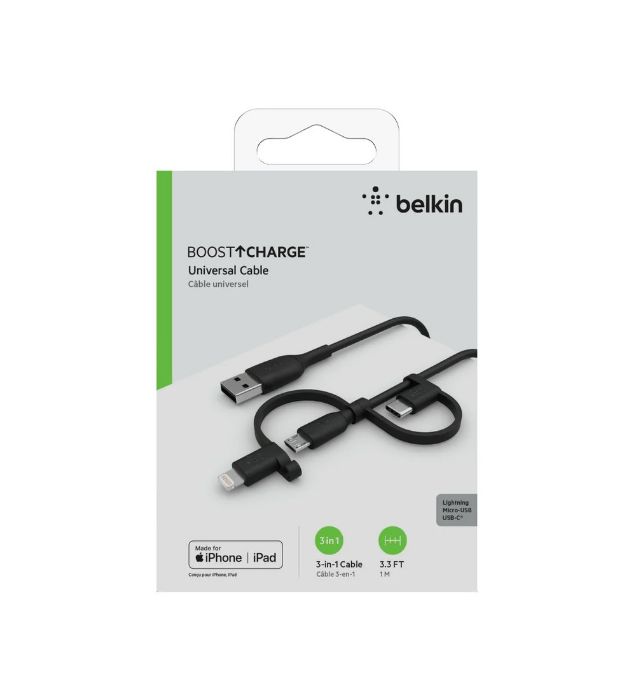 تصویر  کابل شارژ سریع بلکین 1 به 3 USB-A به لایتنینگ - USB-C و Micro-USB مدل CAC001bt1MBK