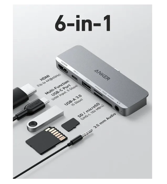 تصویر  هاب 6 پورت انکر مدل Anker 541 USB-C Hub 6-in-1 A8363HA1