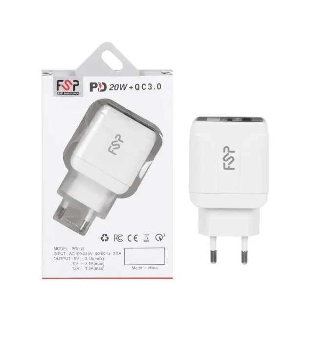 تصویر  شارژر دیواری اف اس پی 20 وات مدل PD001 (دو پورت)