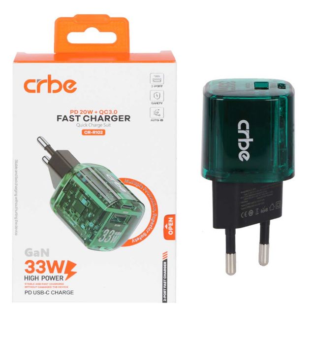تصویر  شارژر دیواری کربی 33 وات مدل CR-R102 GaN (دو پورت)