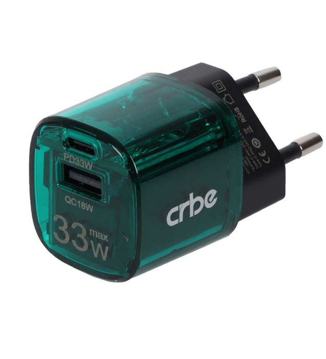 تصویر  شارژر دیواری کربی 33 وات مدل CR-R102 GaN (دو پورت)
