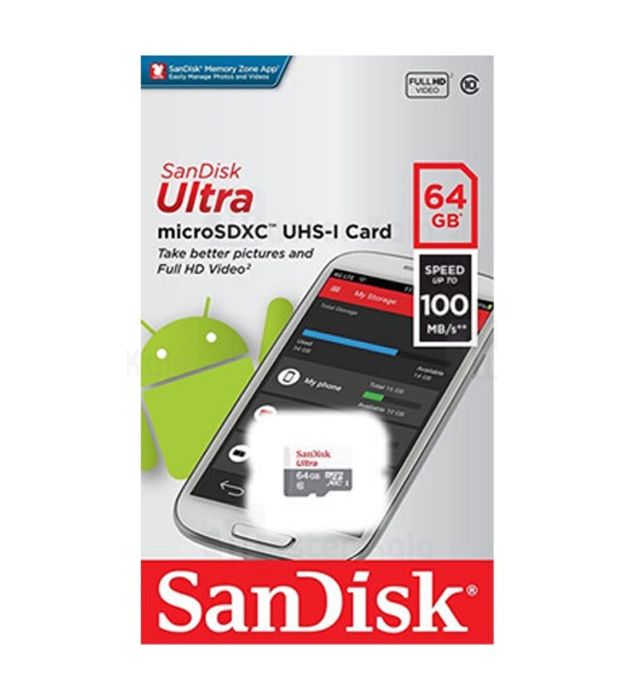 تصویر  کارت حافظه سن دیسک میکرو اس دی ایکس سی کلاس 10 با سرعت 100 مگابایت در ثانیه مدل Ultra A1 ظرفیت 64 گیگابایت
