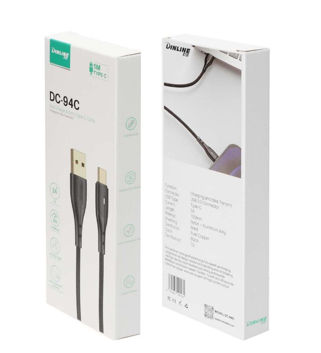 تصویر  کابل شارژ فست تایپ سی دینلاین مدل DC-94C