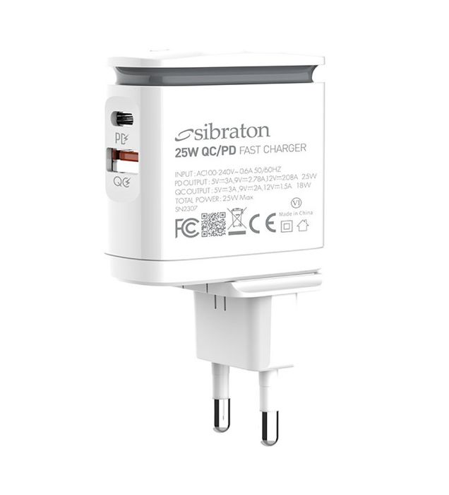 تصویر  شارژر دیواری سیبراتون 25 وات مدل S-W2225i-PD به همراه کابل تایپ سی به لایتنینگ