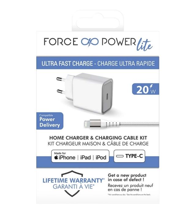 تصویر  شارژر دیواری فورس 20 وات مدل FPLICS20WCBLCMFIW USB-C PD به همراه کابل 1.2 متری یو اس بی سی به لایتنینگ
