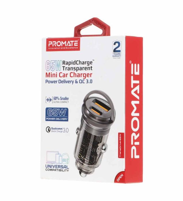 تصویر  شارژر فندکی فست و PD دو پورت پرومیت مدل TransDrive 65W