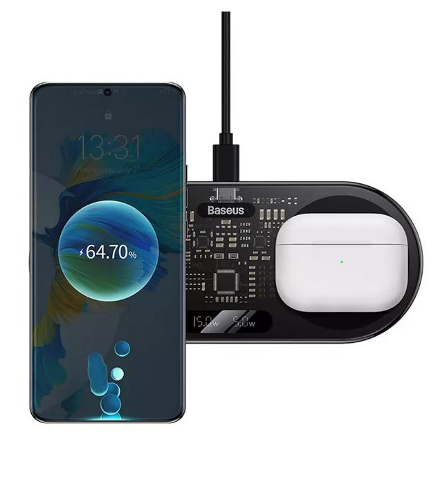 تصویر  شارژر وایرلس 20W با نمایشگر دیجیتال LED باسئوس مدل WXSX010101