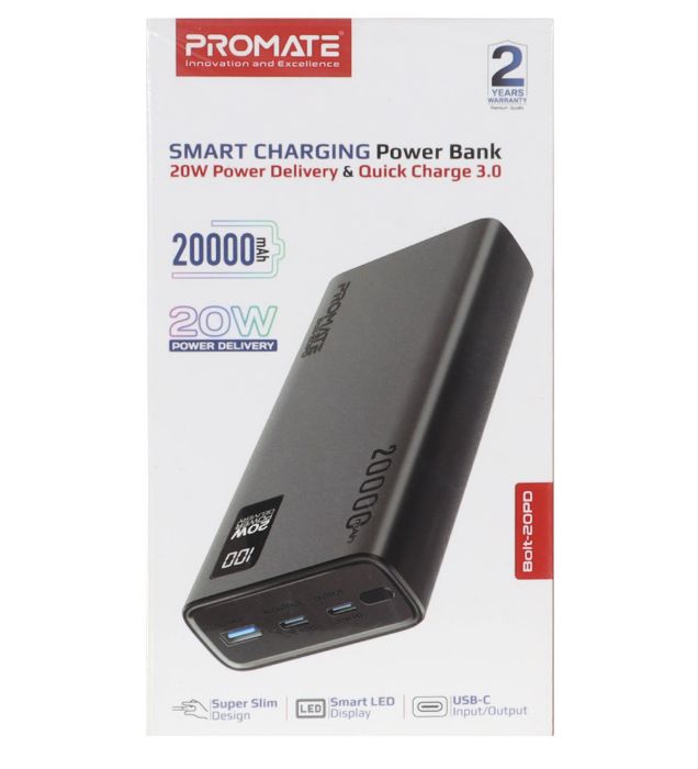 تصویر  پاور بانک 20W پرومیت مدل Bolt-20PD ظرفیت 20000 میلی آمپر ساعت