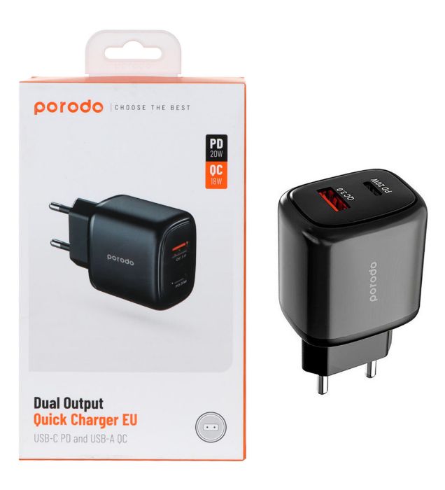 تصویر  شارژر دیواری 20W  فست و PD دو پورت پرودو مدل PD-20WACEU