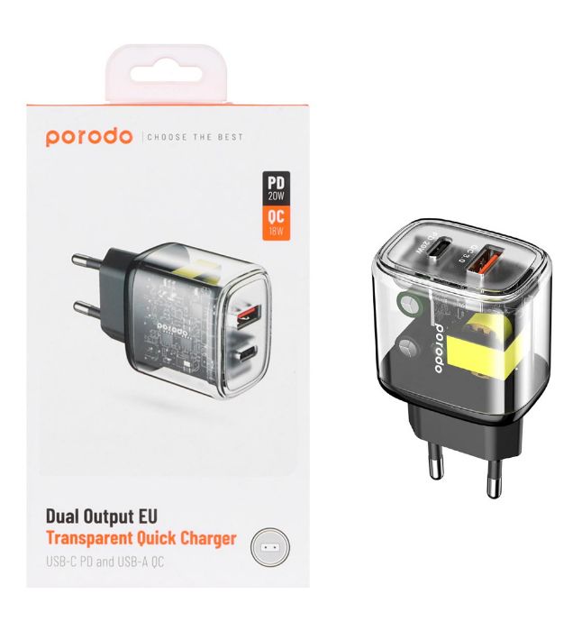 تصویر  شارژر دیواری 20W  فست و PD دو پورت پرودو مدل PD-T20WACEU
