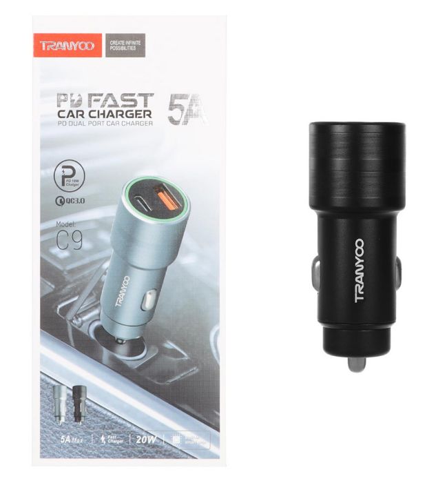 تصویر  شارژر فندکی 20W فست و PD دو پورت ترانیو مدل T-C9