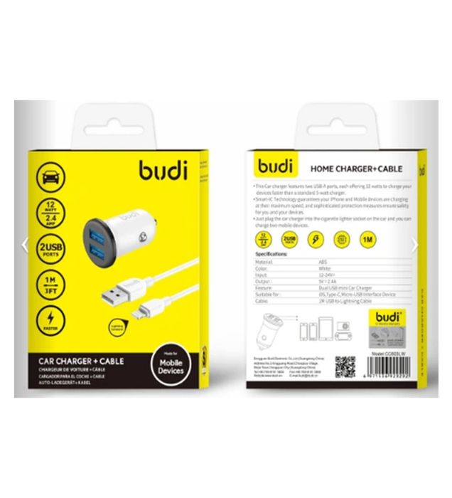 تصویر  شارژر فندکی 12W بودی مدل CC603LW با 2 خروجی USB به همراه کابل USB به Lightning