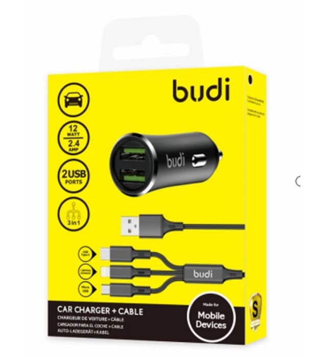 تصویر  شارژر فندکی 12W بودی مدل CC627T3B با 2 خروجی USB به همراه کابل USB-C