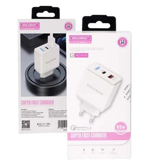 تصویر  شارژر دیواری 65W دو پورت کلومن مدل KC-H120
