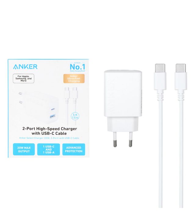 تصویر  شارژر دیواری 20W فست و PD دو پورت انکر مدل B2348G21 به همراه کابل شارژ USB-C به USB-C