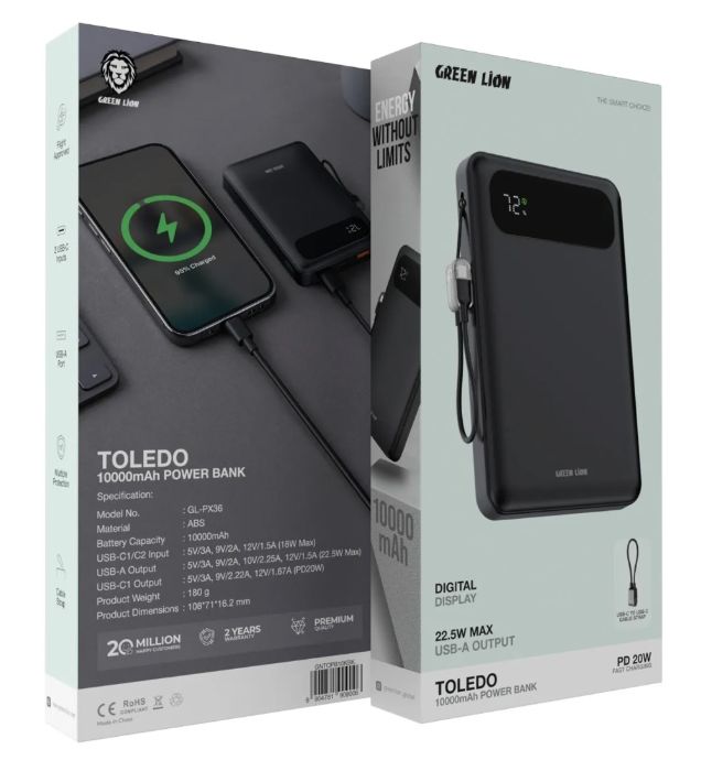 تصویر  پاوربانک 20W گرین لاین مدل TOLEDO GNTOPB10KBK ظرفیت 10000 میلی آمپر ساعت