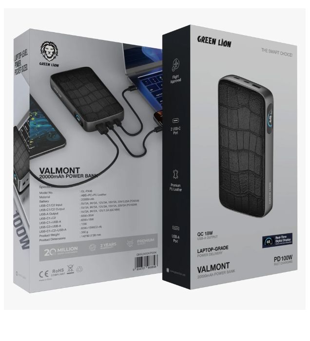 تصویر  پاوربانک 100W گرین لاین مدل VALMONT GNVLM20KPB ظرفیت 20000 میلی آمپر ساعت