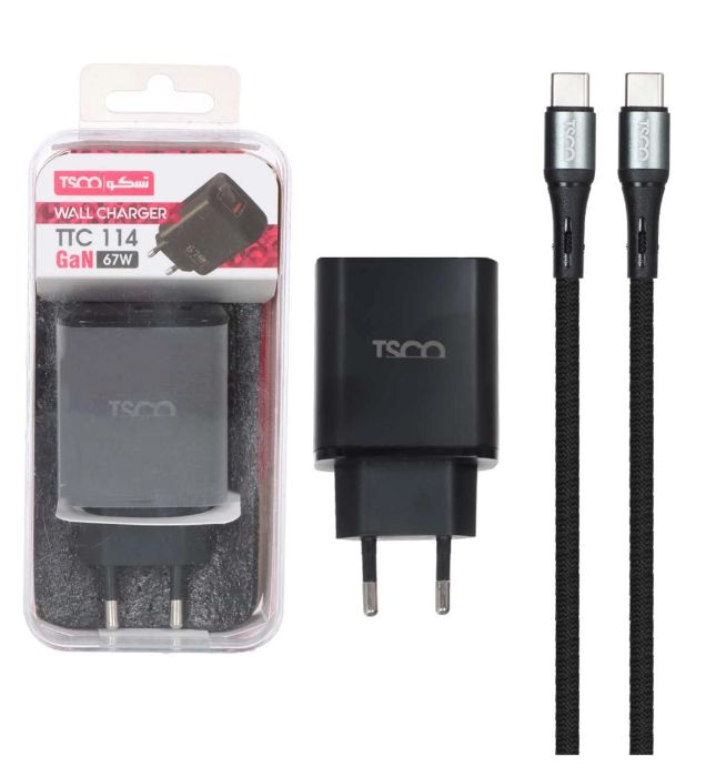 تصویر  شارژر دیواری 67W فست وPD دو پورت تسکو مدل TTC 114 با کابل شارژ تایپ سی به تایپ سی