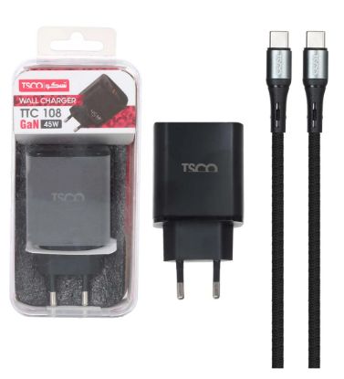 تصویر  شارژر دیواری 45W فست و PD دو پورت تسکو مدل TTC 108 با کابل شارژ تایپ سی به تایپ سی