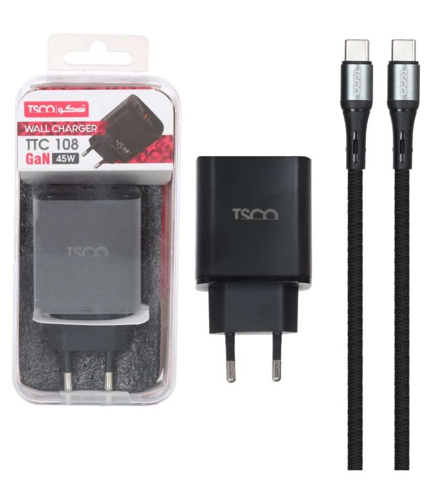 تصویر  شارژر دیواری 45W فست و PD دو پورت تسکو مدل TTC 108 با کابل شارژ تایپ سی به تایپ سی