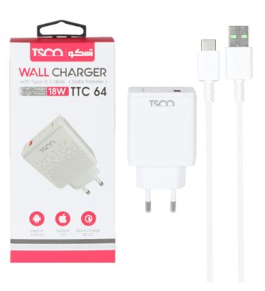 تصویر  شارژر دیواری 18W فست تک پورت تسکو مدل TTC 64 با کابل شارژ یو اس بی به تایپ سی