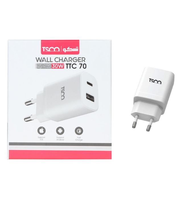 تصویر  شارژر دیواری 30W فست و PD دو پورت تسکو مدل TTC 70