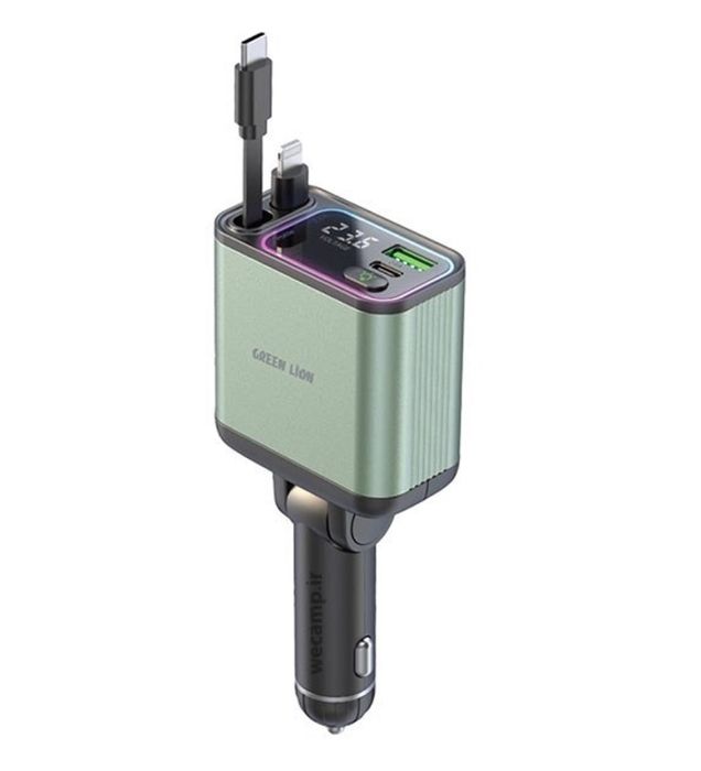 تصویر  شارژر فندکی 90W فست دو پورت گرین لاین مدل Retractable