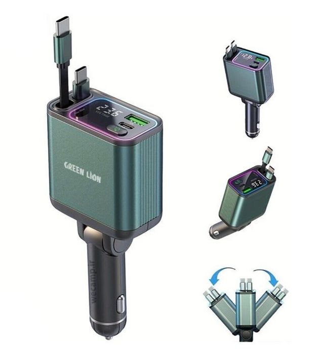 تصویر  شارژر فندکی 90W فست دو پورت گرین لاین مدل Retractable