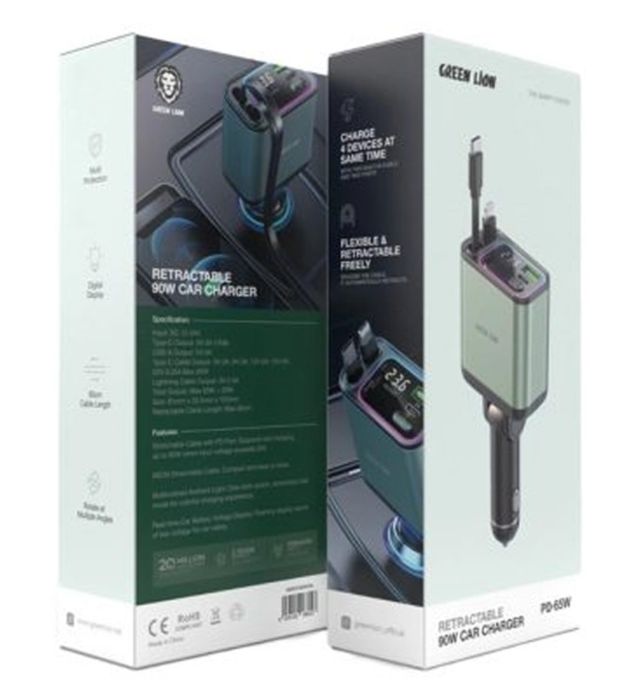 تصویر  شارژر فندکی 90W فست دو پورت گرین لاین مدل Retractable