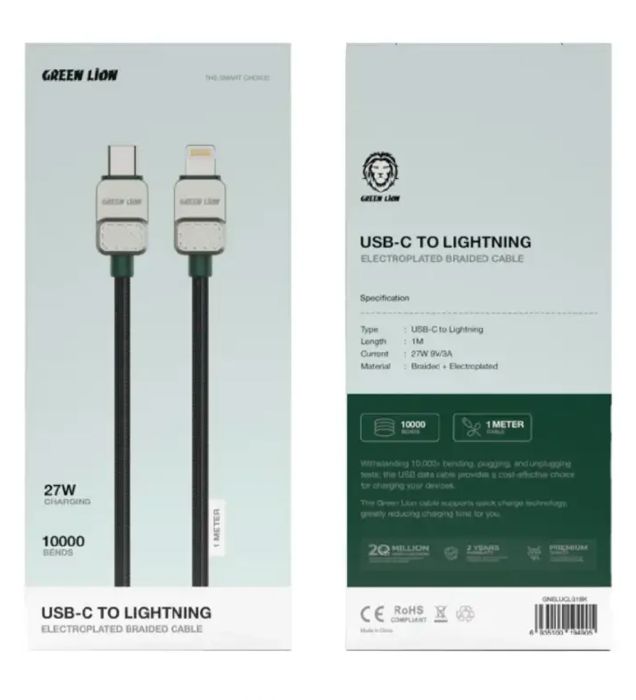 تصویر  کابل شارژ فست تایپ سی به لایتنینگ گرین لاین مدل Electroplated Braided Cable طول 1 متری