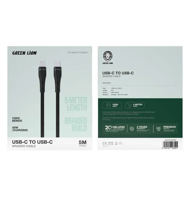 تصویر  کابل شارژ فست تایپ سی به تایپ سی گرین لاین مدل GNUC2UCBC5BK طول 5 متر
