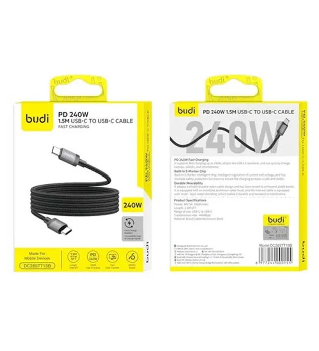 تصویر  کابل شارژ فست USB-C به USB-C بودی مدل DC265TT15B طول 1.5 متر